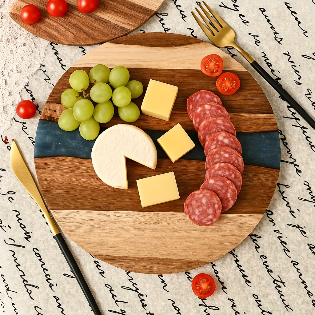 WIEZ Acacia Wood Round Cutting Board Natural Food-Safe Serving & Grilling Tray for Home and Restaurant Use