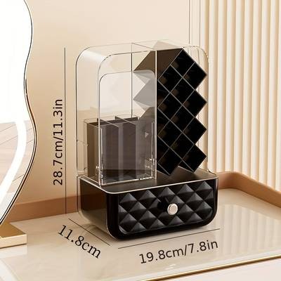 Plastic Cosmetic Organizer Box  Compact Makeup Storage with Brush & Lipstick Holders