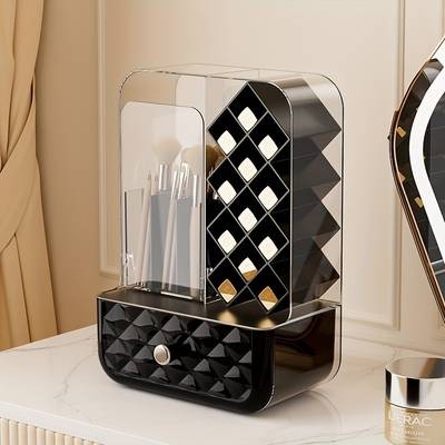 Plastic Cosmetic Organizer Box  Compact Makeup Storage with Brush & Lipstick Holders