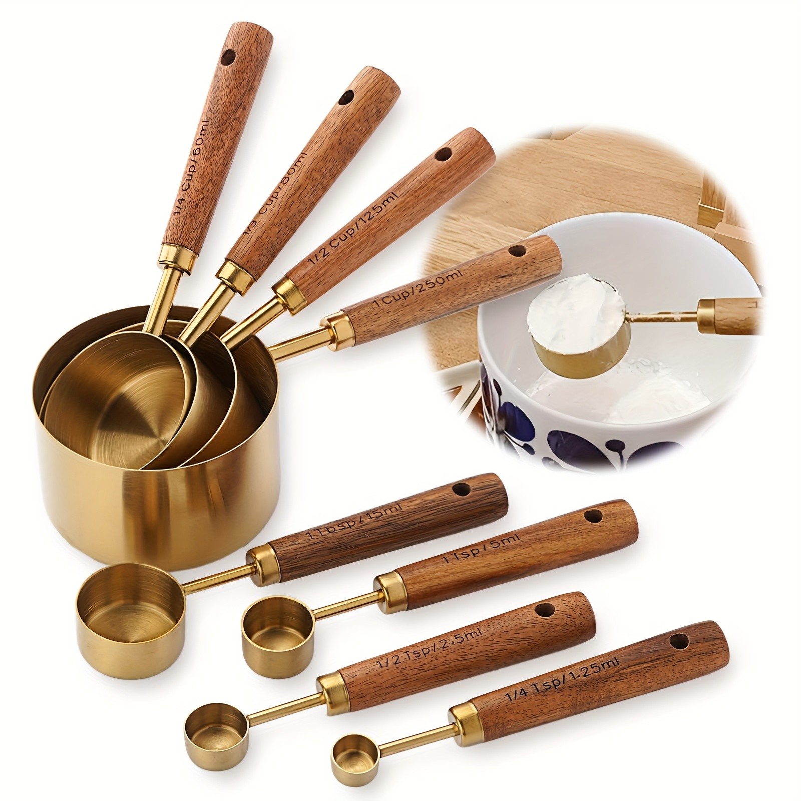 WIEZ Stainless Steel Measuring Cup & Spoon Set 4/8-Piece Polished Set with Wooden Handles & Dual Markings