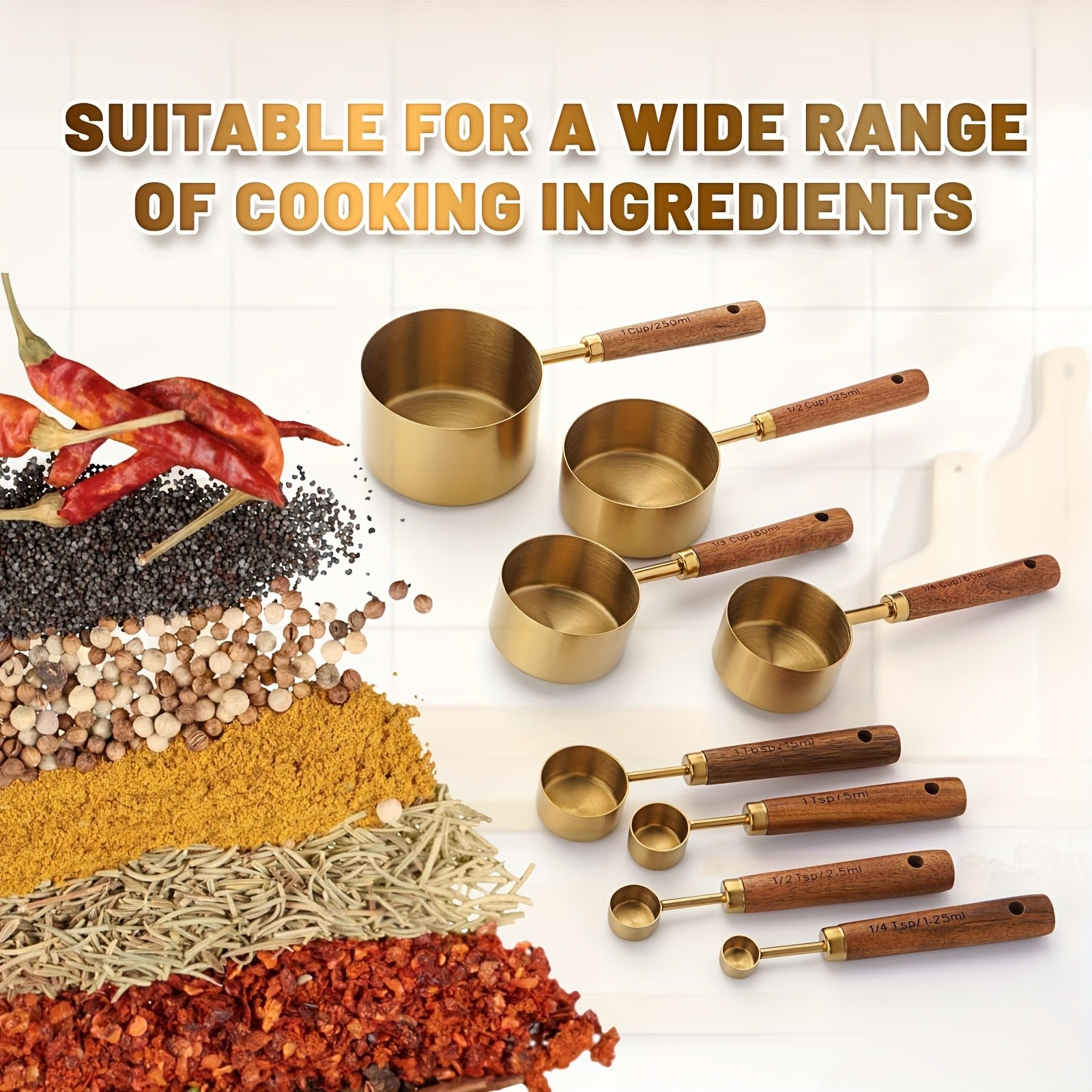 WIEZ Stainless Steel Measuring Cup & Spoon Set 4/8-Piece Polished Set with Wooden Handles & Dual Markings