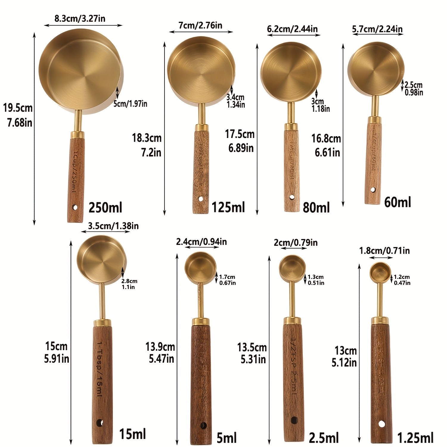 WIEZ Stainless Steel Measuring Cup & Spoon Set 4/8-Piece Polished Set with Wooden Handles & Dual Markings