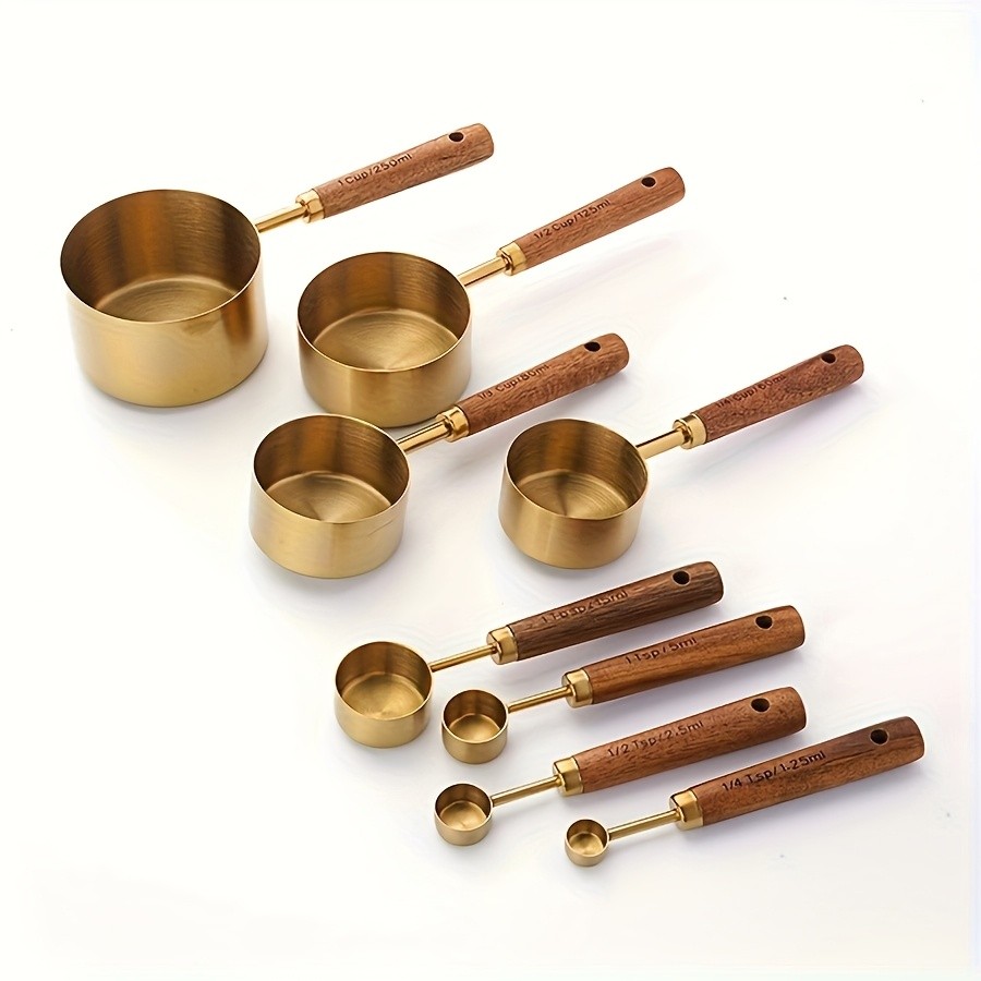 WIEZ Stainless Steel Measuring Cup & Spoon Set 4/8-Piece Polished Set with Wooden Handles & Dual Markings