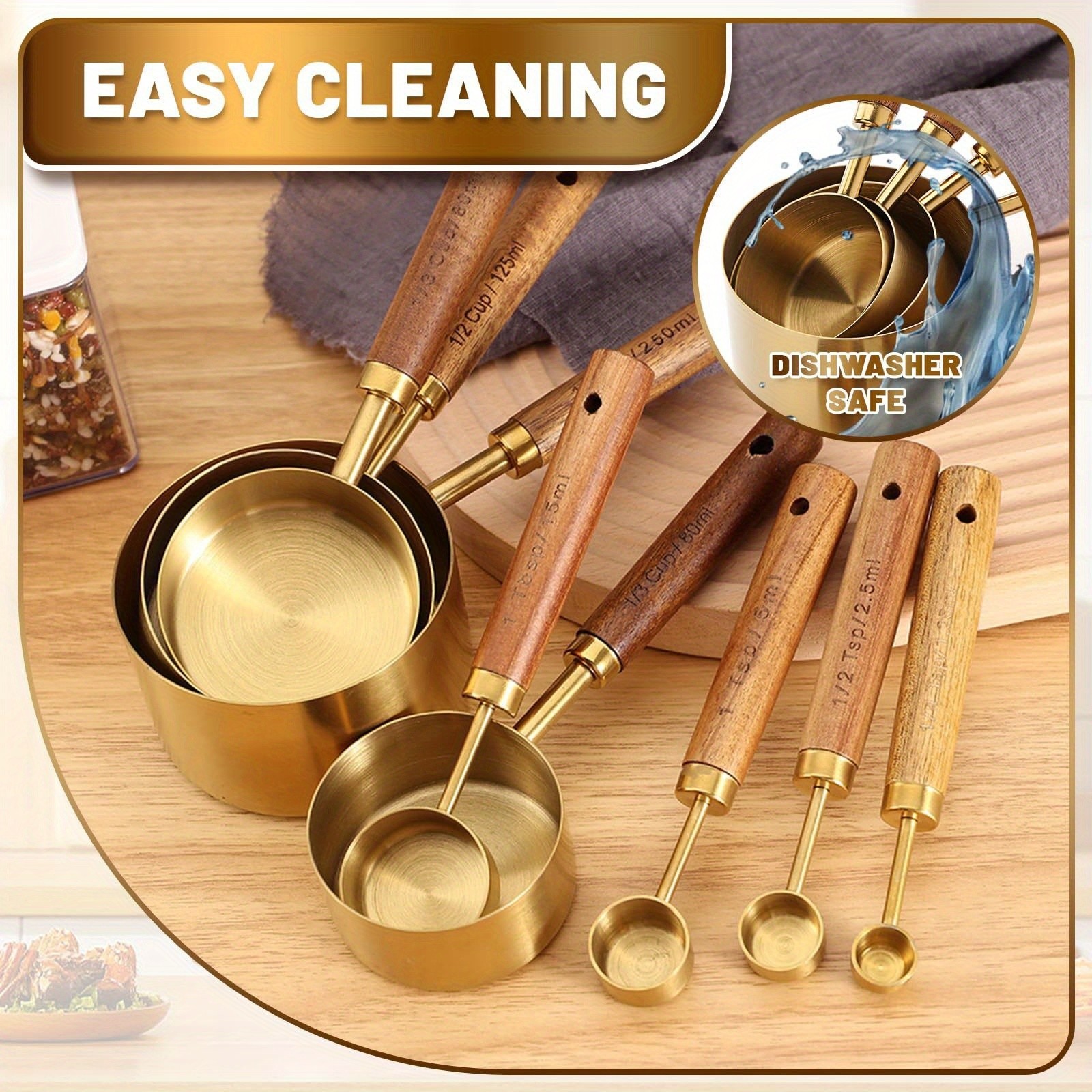 WIEZ Stainless Steel Measuring Cup & Spoon Set 4/8-Piece Polished Set with Wooden Handles & Dual Markings