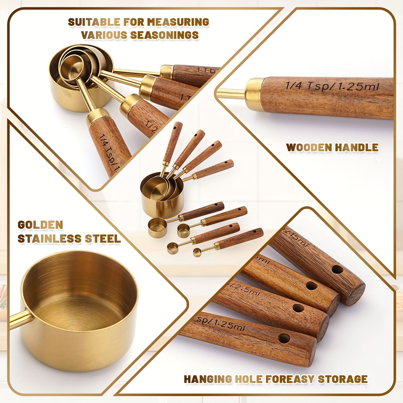 WIEZ Stainless Steel Measuring Cup & Spoon Set 4/8-Piece Polished Set with Wooden Handles & Dual Markings