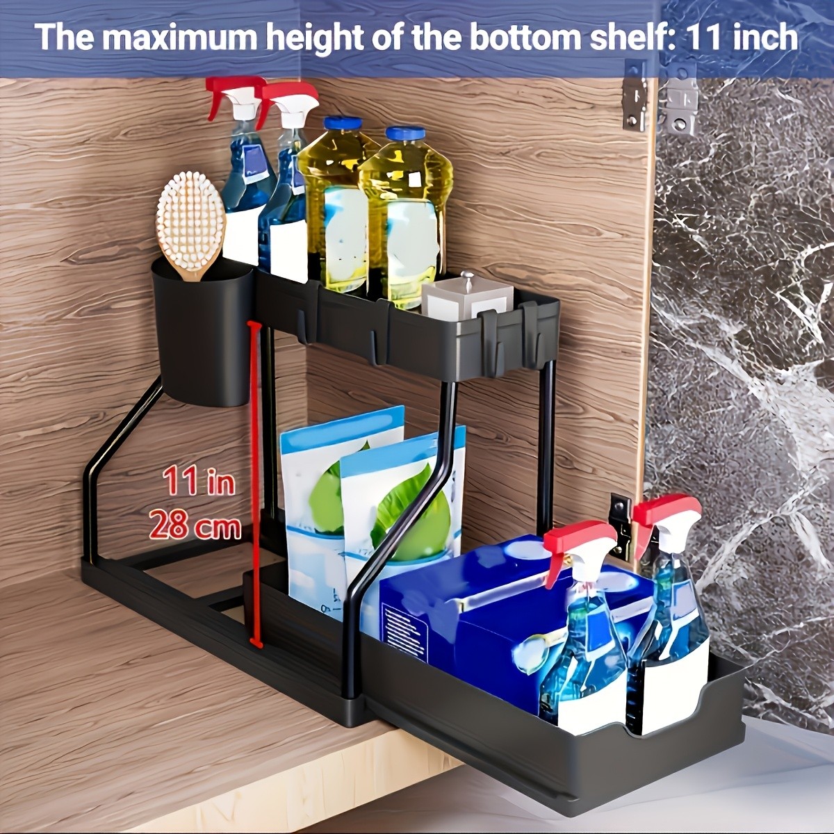 WIEZ Multi-Tier Pull-Out Kitchen Sink Organizer Durable Space-Saving Storage Rack with Removable Shelves