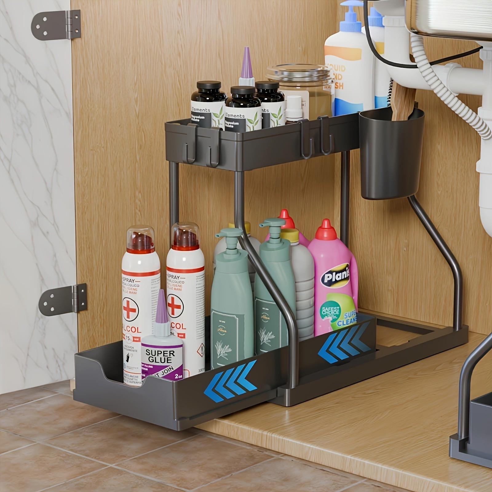 WIEZ Multi-Tier Pull-Out Kitchen Sink Organizer Durable Space-Saving Storage Rack with Removable Shelves