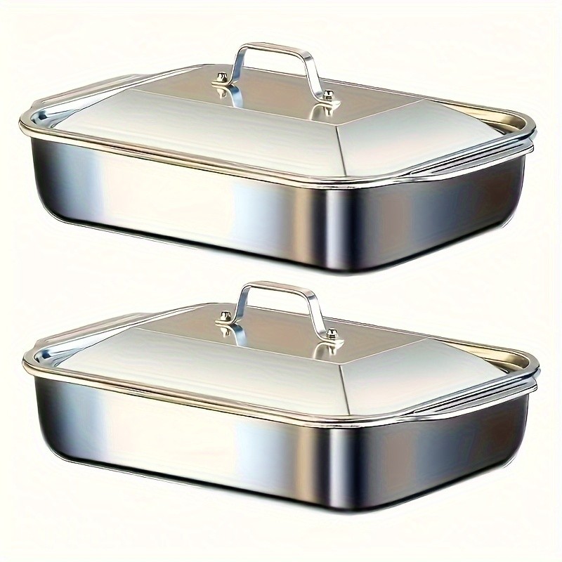 WIEZ Heavy-Duty 410 Stainless Steel Baking Tray Set Non-Stick Rectangular Oven Trays with Lids for Bread, Desserts & BBQ