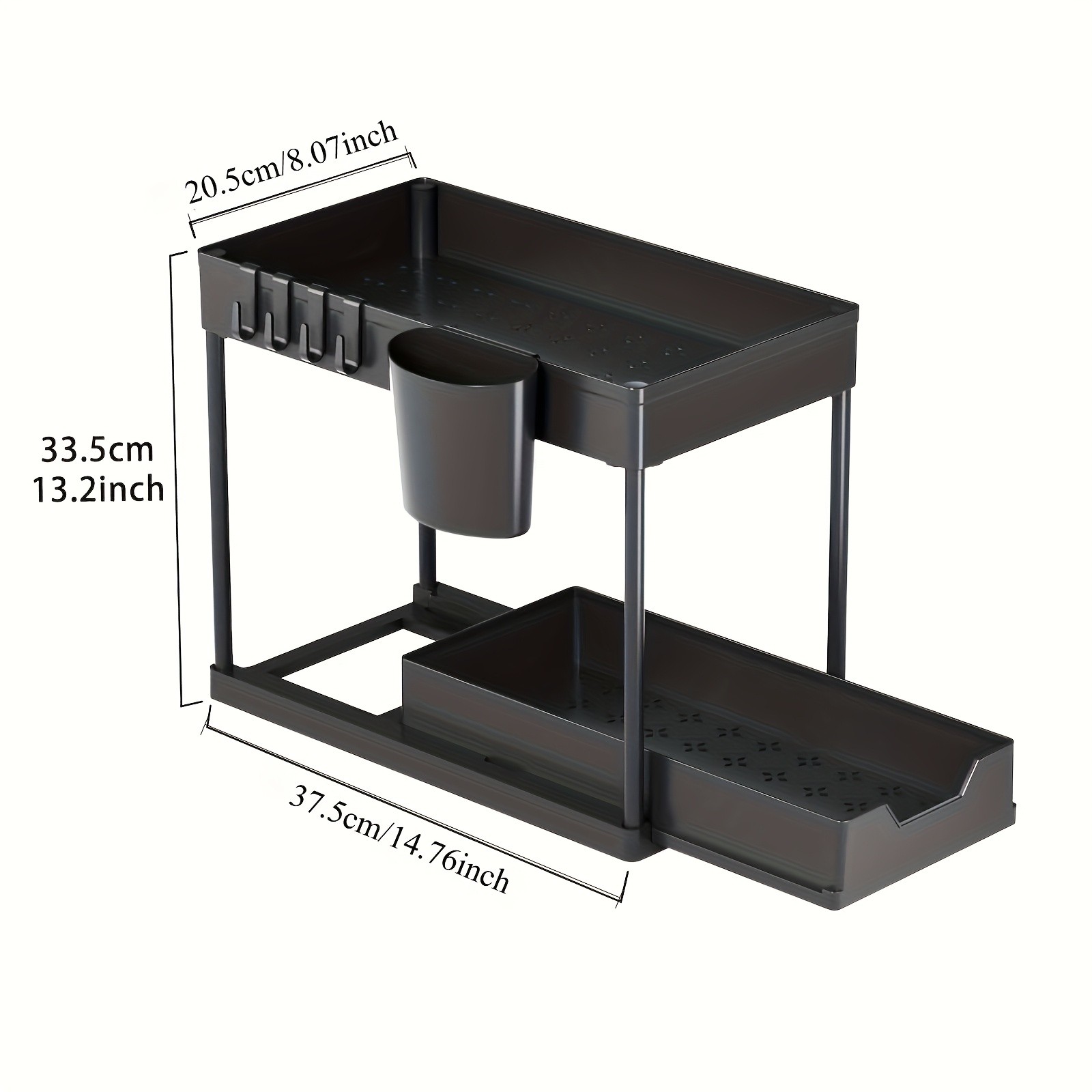 WIEZ 2-Layer Sliding Sink Storage Rack  Multi-Tier Cabinet Organizer with Drawers & Hooks for Kitchen and Bathroom
