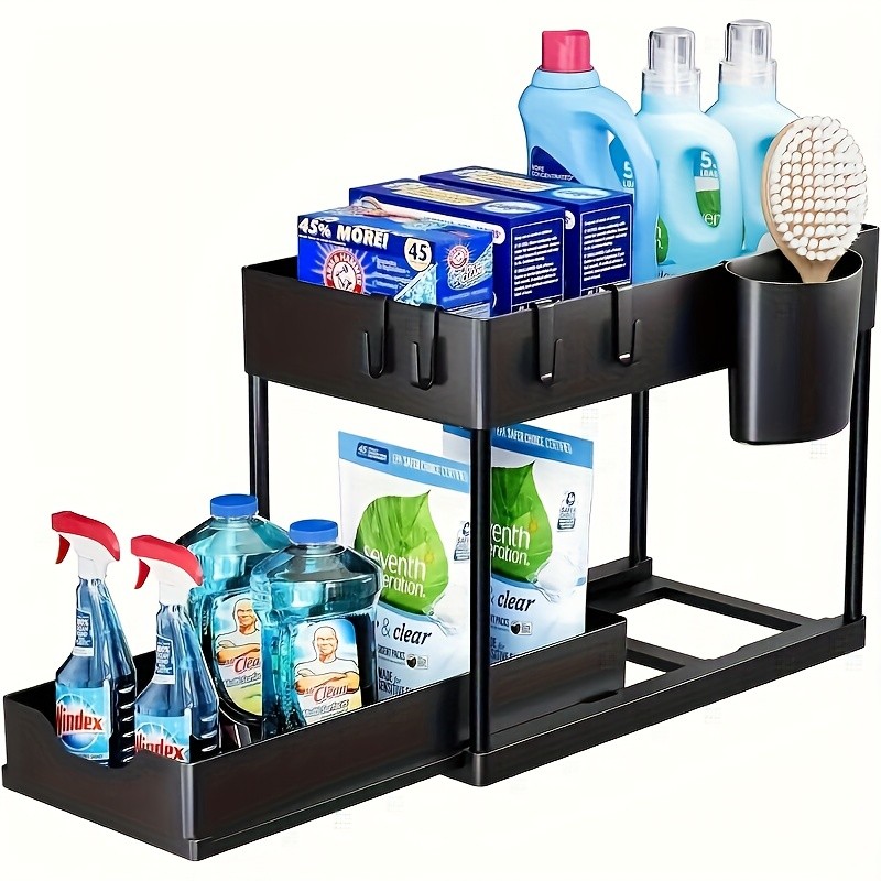 WIEZ 2-Layer Sliding Sink Storage Rack  Multi-Tier Cabinet Organizer with Drawers & Hooks for Kitchen and Bathroom