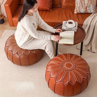 PMMJ Vintage Moroccan Floor Cushion  Round Oil-Waxed Leather Meditation & Lounge Mat