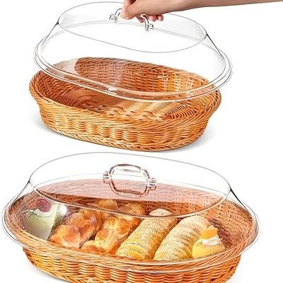 PMMJ Wicker Bread Basket with Clear Acrylic Lid Round Food Display Tray