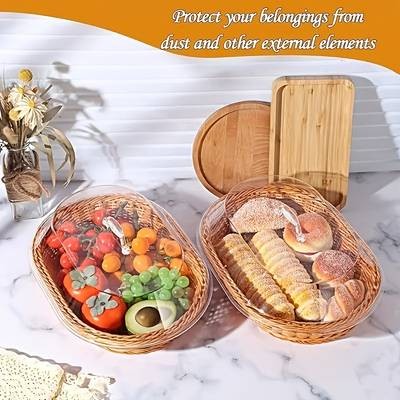 PMMJ Wicker Bread Basket with Clear Acrylic Lid Round Food Display Tray