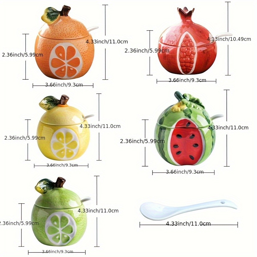 WIEZ Ceramic Fruit-Shaped Salt & Pepper Shakers Decorative Lidded Jars with Spoons for Spices, Sugar & Tea