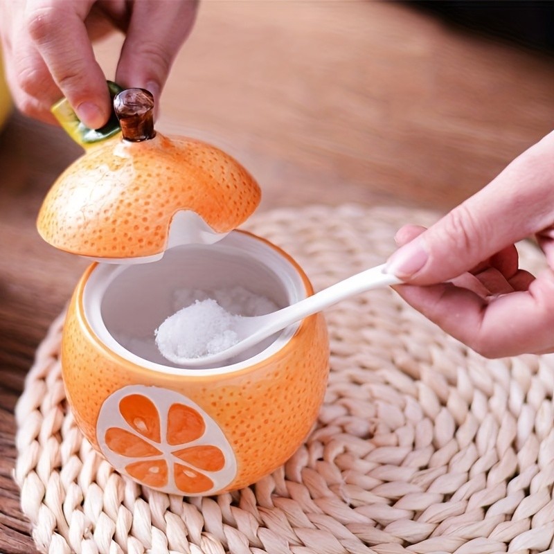 WIEZ Ceramic Fruit-Shaped Salt & Pepper Shakers Decorative Lidded Jars with Spoons for Spices, Sugar & Tea