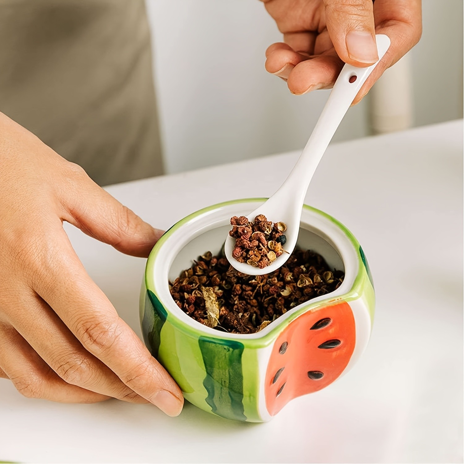 WIEZ Ceramic Fruit-Shaped Salt & Pepper Shakers Decorative Lidded Jars with Spoons for Spices, Sugar & Tea