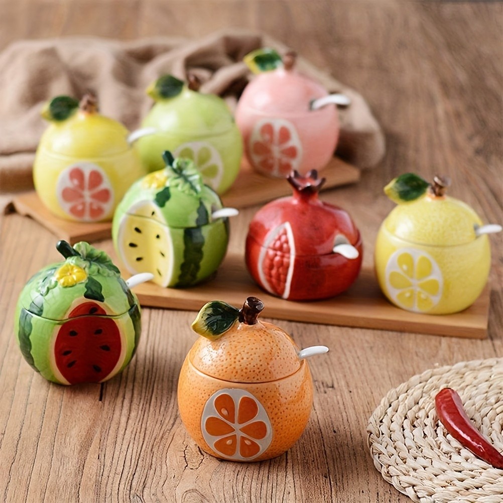 WIEZ Ceramic Fruit-Shaped Salt & Pepper Shakers Decorative Lidded Jars with Spoons for Spices, Sugar & Tea