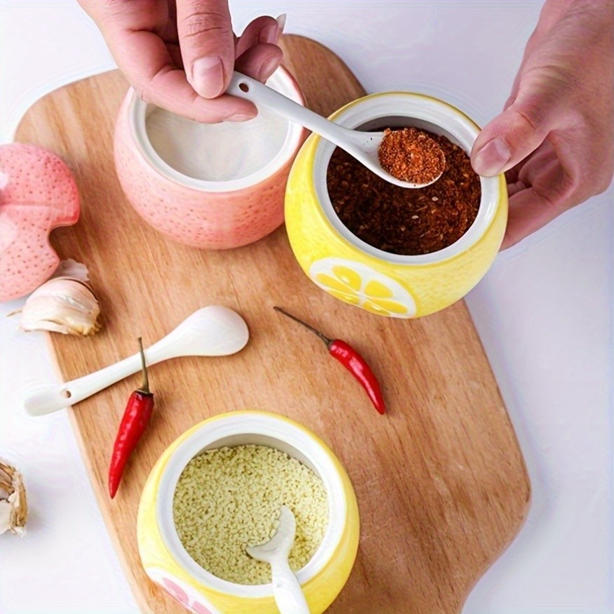 WIEZ Ceramic Fruit-Shaped Salt & Pepper Shakers Decorative Lidded Jars with Spoons for Spices, Sugar & Tea