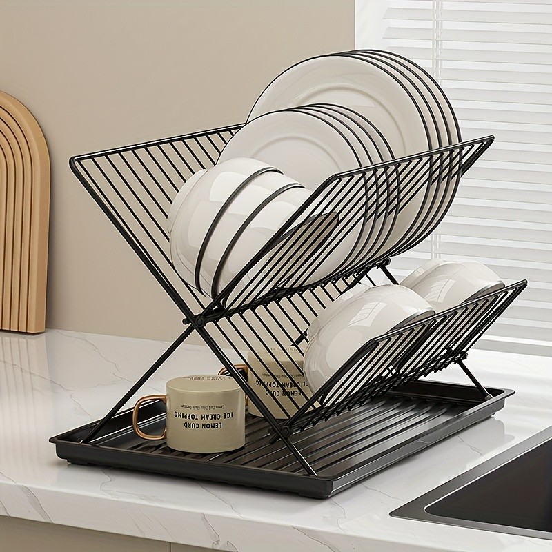 WIEZ Stainless Steel 2-Layer X-Shaped Foldable Dish Drying Rack  Space-Saving Countertop Dryer for Bowls, Plates & Utensils