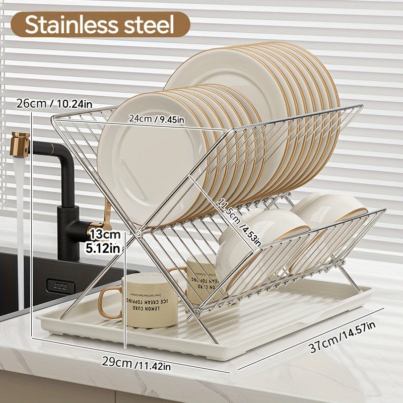 WIEZ Stainless Steel 2-Layer X-Shaped Foldable Dish Drying Rack  Space-Saving Countertop Dryer for Bowls, Plates & Utensils