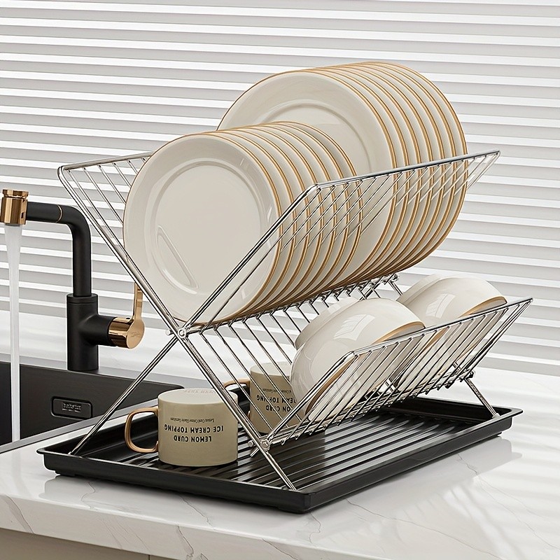 WIEZ Stainless Steel 2-Layer X-Shaped Foldable Dish Drying Rack  Space-Saving Countertop Dryer for Bowls, Plates & Utensils