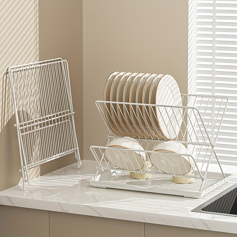 WIEZ Stainless Steel 2-Layer X-Shaped Foldable Dish Drying Rack  Space-Saving Countertop Dryer for Bowls, Plates & Utensils