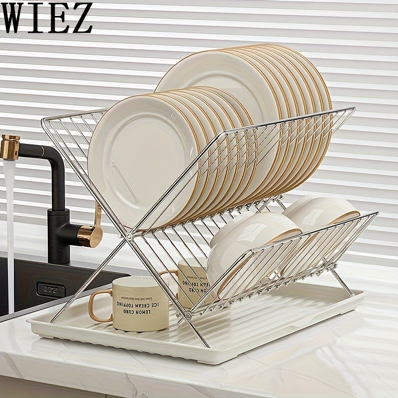 WIEZ Stainless Steel 2-Layer X-Shaped Foldable Dish Drying Rack  Space-Saving Countertop Dryer for Bowls, Plates & Utensils