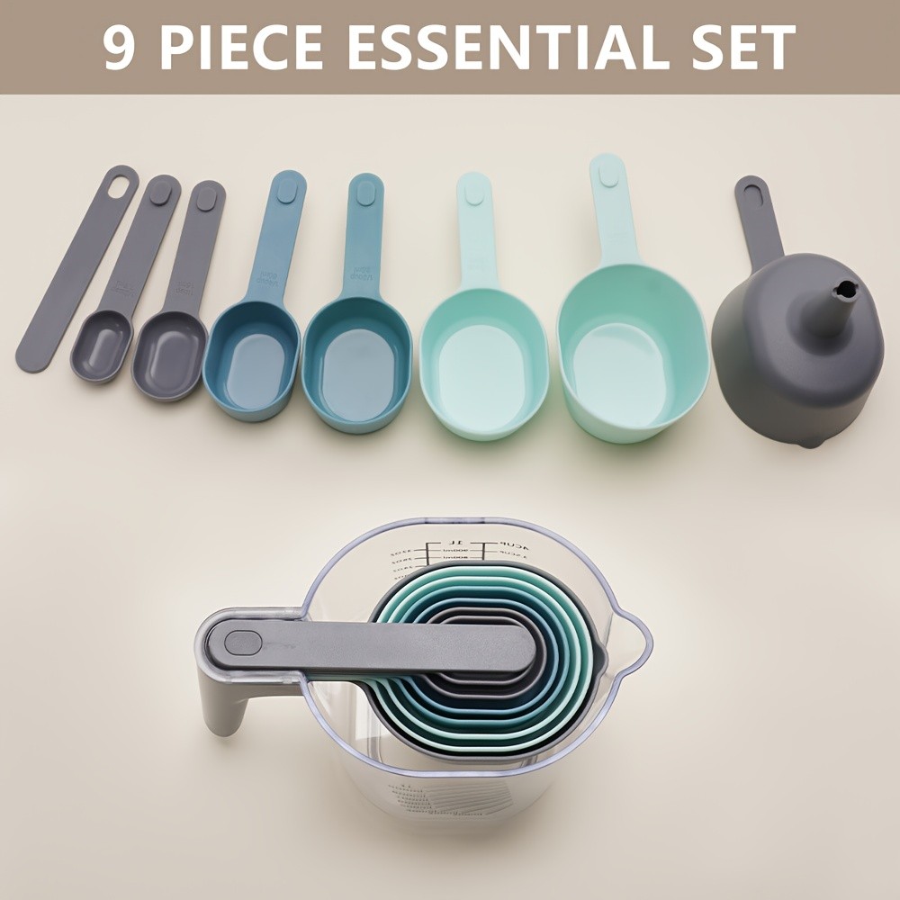 WIEZ 9-Piece Color-Coded Measurement Set  Stackable Cups, Spoons, Funnel & Scraper for Precise Baking & Cooking