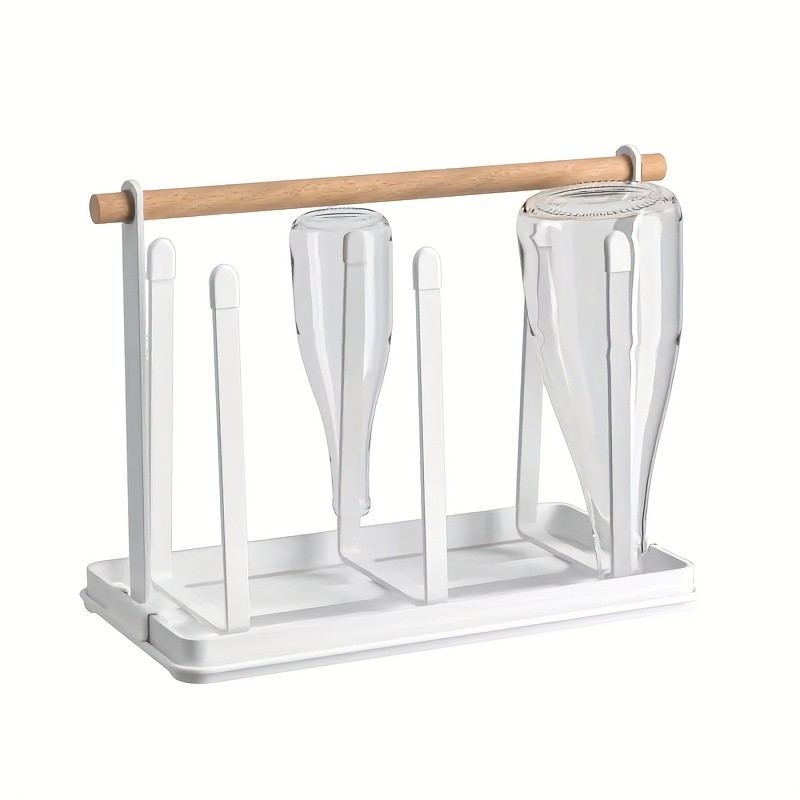 WIEZ 6-Cup Metal Drying Rack with Wooden Handle  Mug, Beer Cup & Bottle Organizer with Water Tray