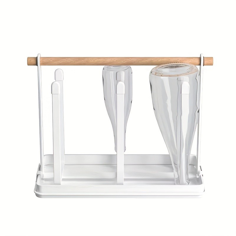 WIEZ 6-Cup Metal Drying Rack with Wooden Handle  Mug, Beer Cup & Bottle Organizer with Water Tray