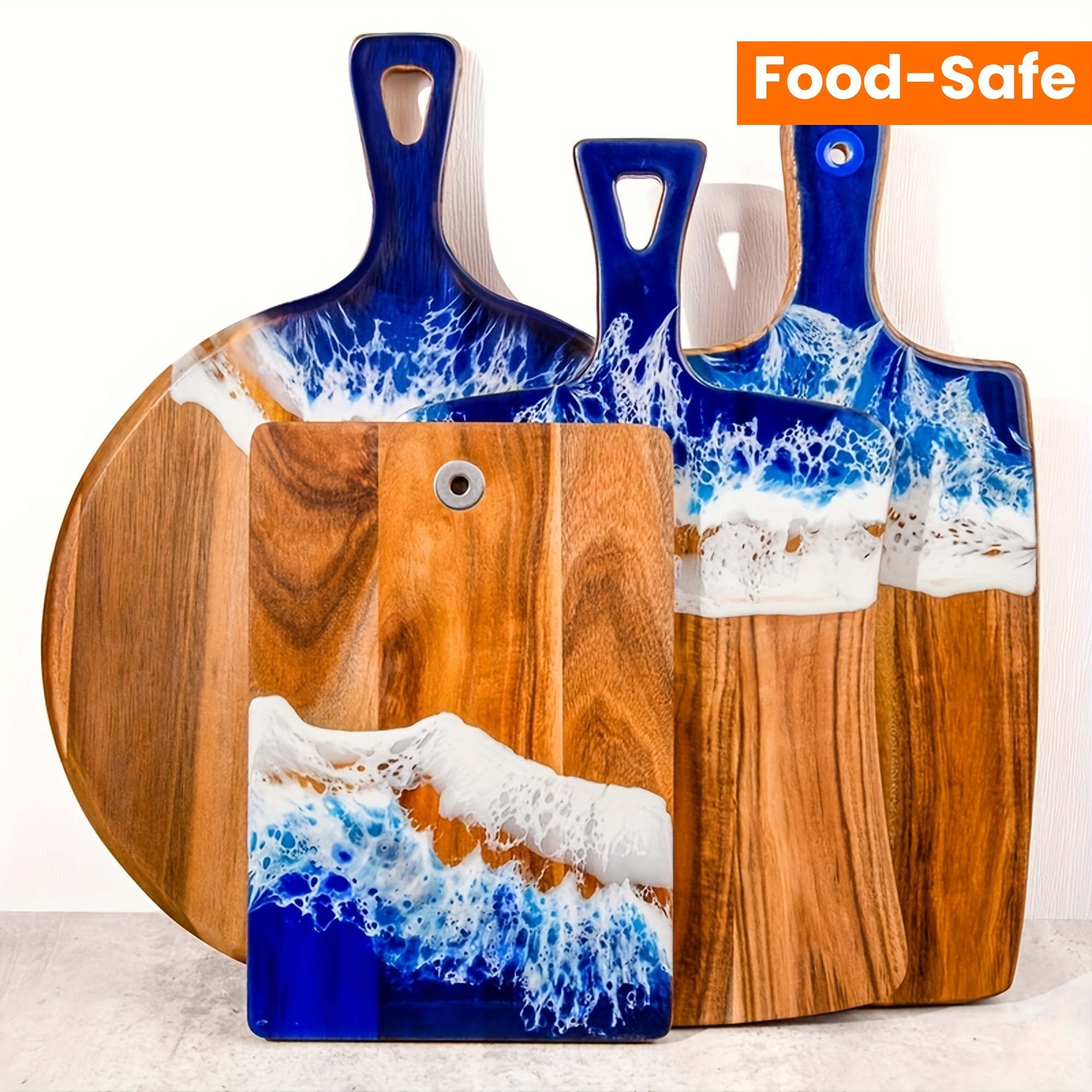WIEZ Wave Resin & Acacia Wood Cutting Board  Artistic Riverbank Design for Fruit, Steak, Bread & Cheese Serving
