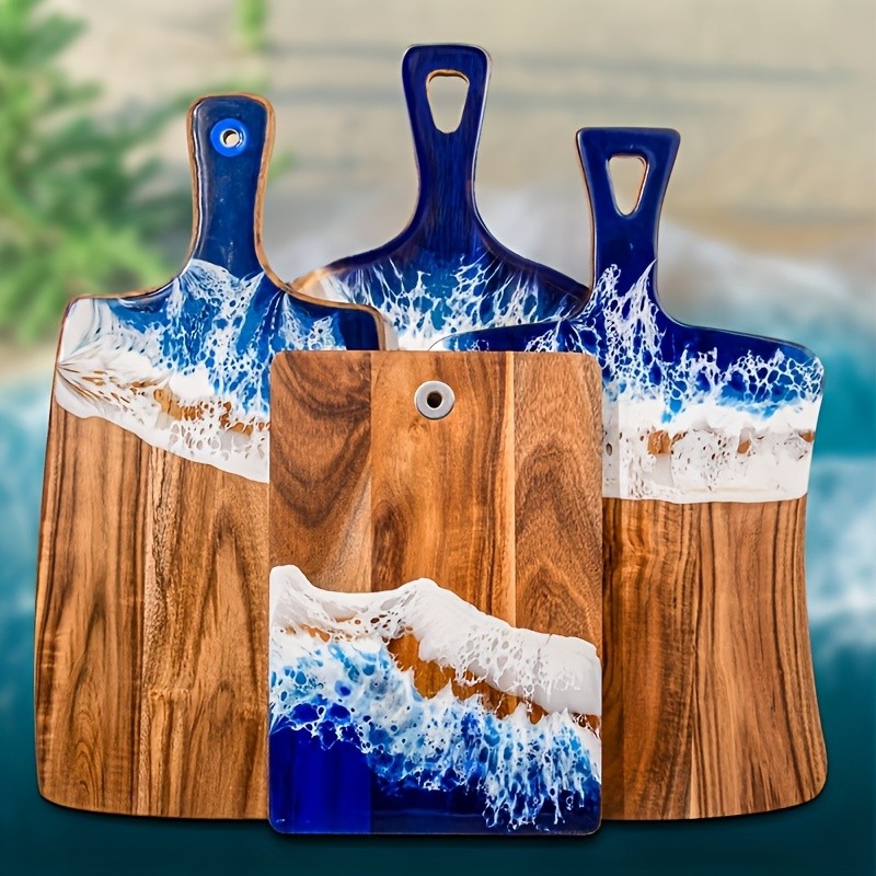 WIEZ Wave Resin & Acacia Wood Cutting Board  Artistic Riverbank Design for Fruit, Steak, Bread & Cheese Serving