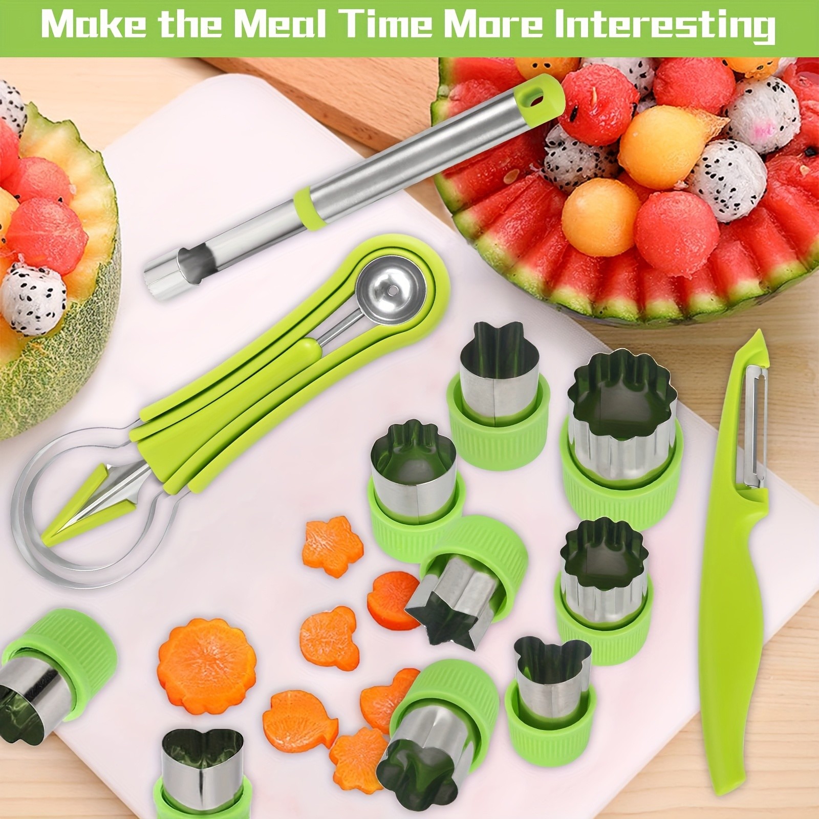 WIEZ 14-Piece Stainless Steel Melon Ball & Fruit Shaping Tool Set  4-in-1 Multi-Function Kit for Creative Fruit & Veg Prep