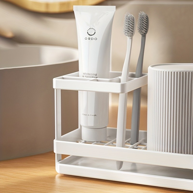 WIEZ Stainless Steel Toothbrush & Toothpaste Organizer  No-Drill Space-Saving Rack for Countertops & Bathroom Walls
