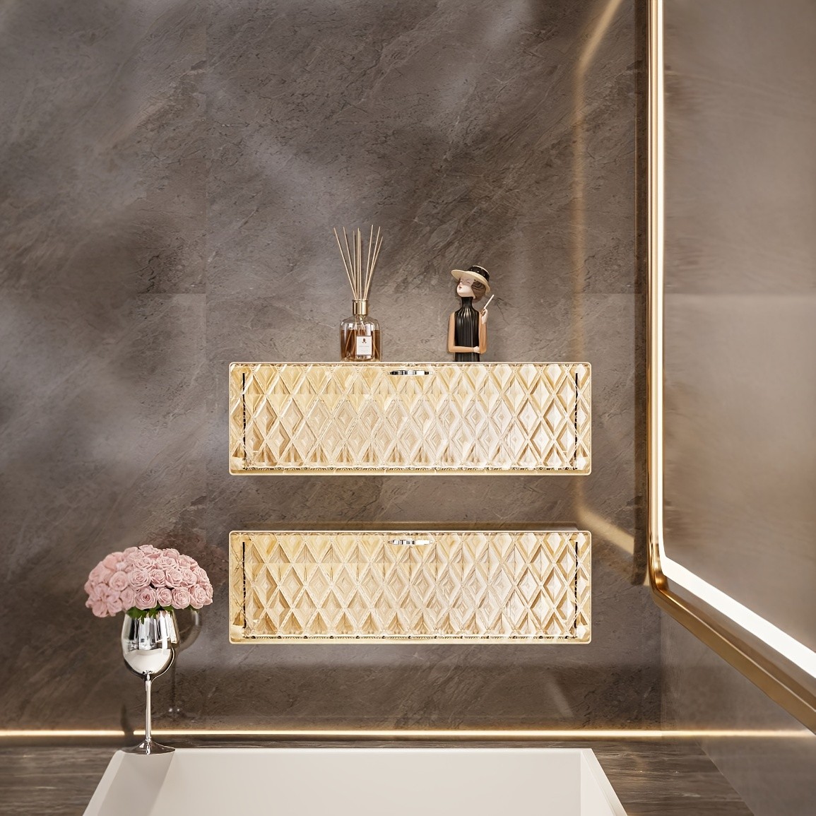 WIEZ Wall-Mounted Cosmetic Organizer  No-Drill Adhesive Makeup & Skincare Storage Box with Transparent Diamond Pattern