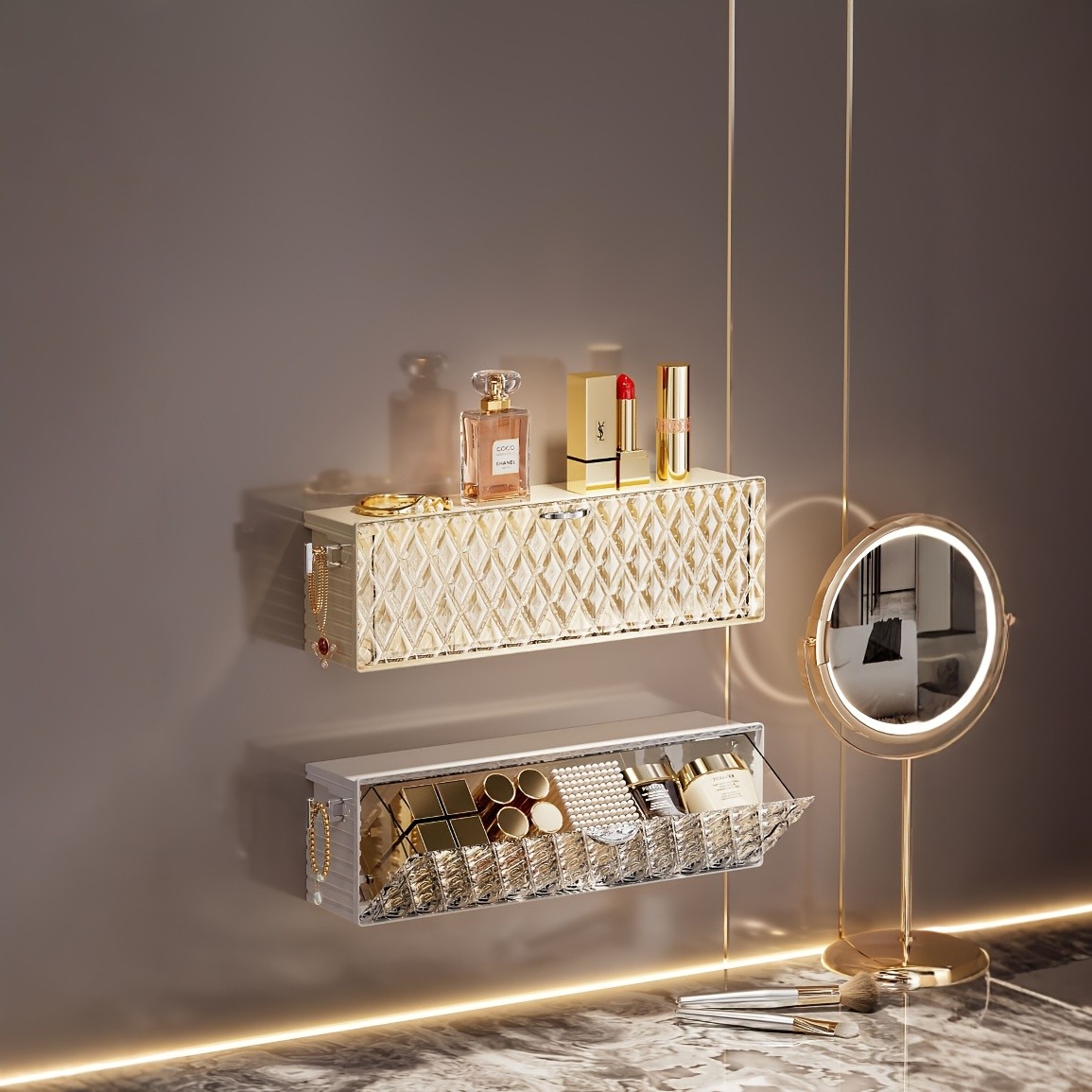 WIEZ Wall-Mounted Cosmetic Organizer  No-Drill Adhesive Makeup & Skincare Storage Box with Transparent Diamond Pattern