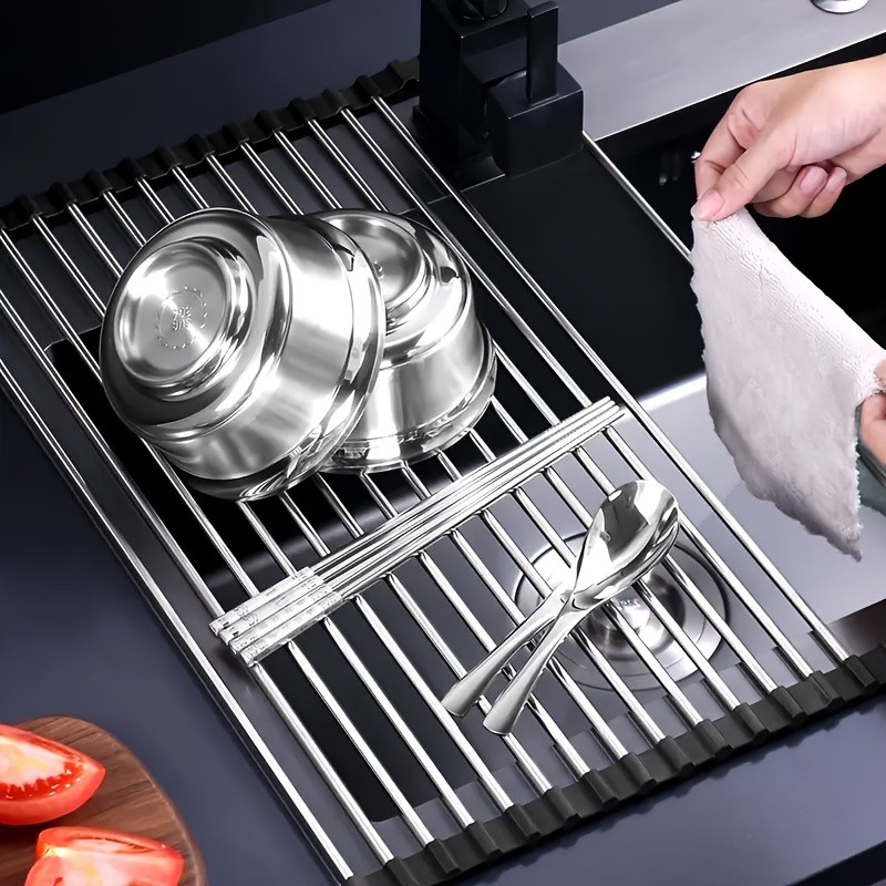 LDQ Deluxe Roll-Up Stainless Steel Dish Drying Rack Space-Saving Over-the-Sink Organizer with Sleek Metallic Finish