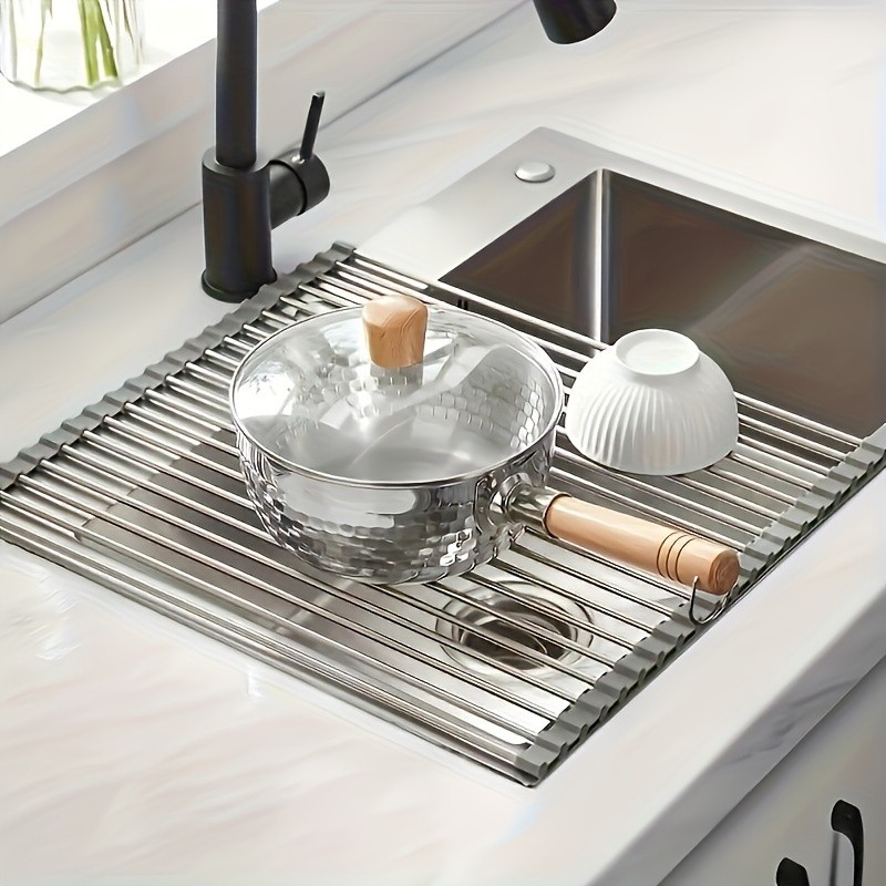 LDQ Deluxe Roll-Up Stainless Steel Dish Drying Rack Space-Saving Over-the-Sink Organizer with Sleek Metallic Finish
