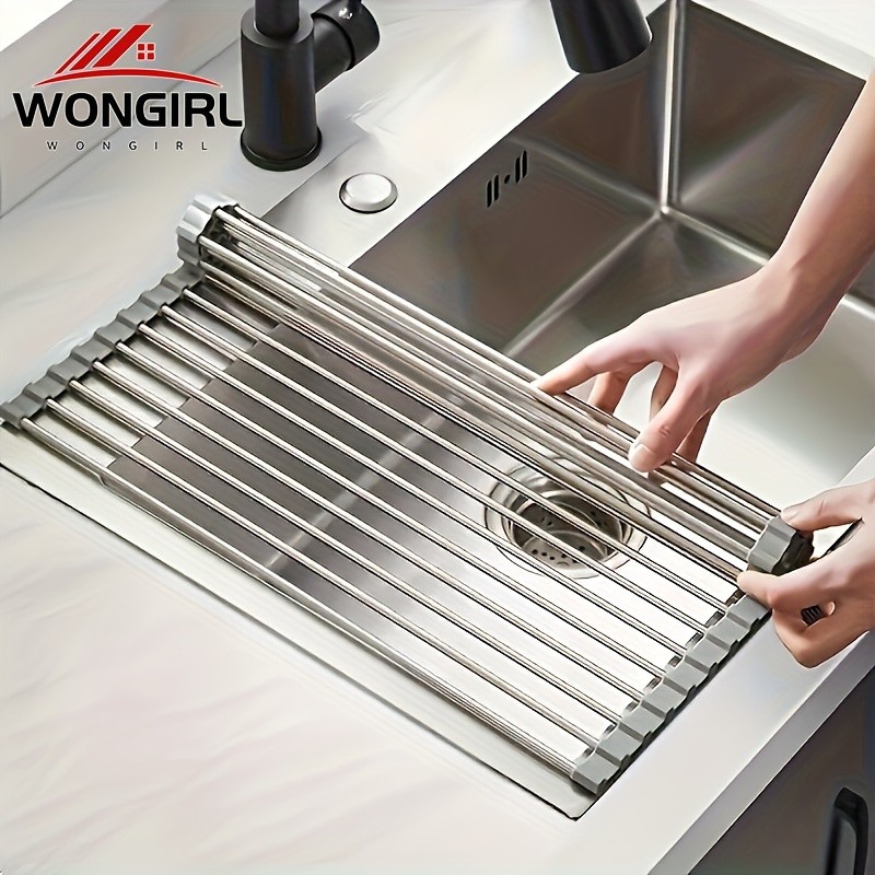 LDQ Deluxe Roll-Up Stainless Steel Dish Drying Rack Space-Saving Over-the-Sink Organizer with Sleek Metallic Finish