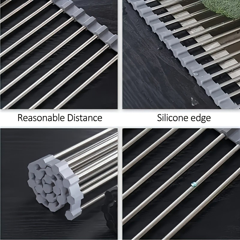 LDQ Deluxe Roll-Up Stainless Steel Dish Drying Rack Space-Saving Over-the-Sink Organizer with Sleek Metallic Finish