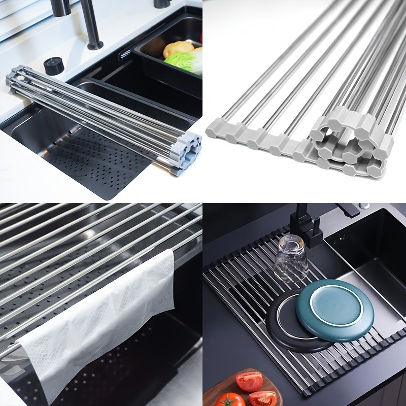 LDQ Deluxe Roll-Up Stainless Steel Dish Drying Rack Space-Saving Over-the-Sink Organizer with Sleek Metallic Finish