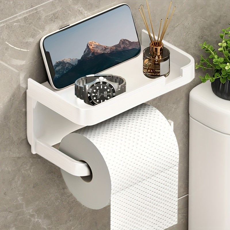 LDQ Luxury Self-Adhesive Wall-Mounted Tissue Holder Modern Space-Saving Bathroom Rack with Built-In Storage Shelf