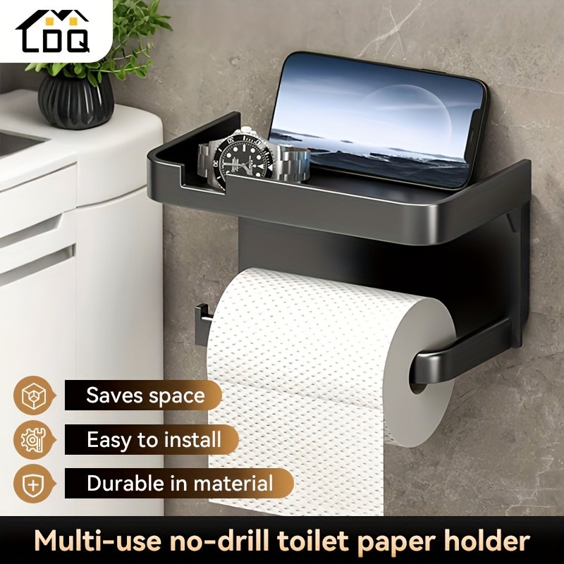 LDQ Luxury Self-Adhesive Wall-Mounted Tissue Holder Modern Space-Saving Bathroom Rack with Built-In Storage Shelf