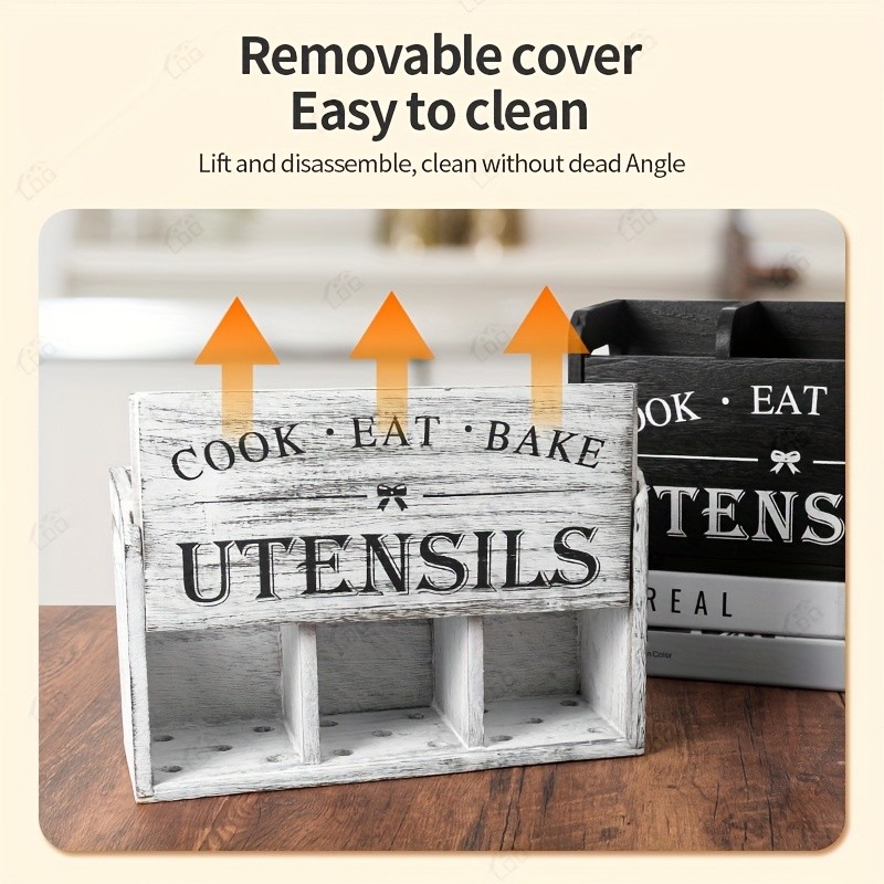 LDQ Rustic Wooden Utensil Holder  3-Compartment Countertop & Wall-Mounted Organizer for Forks, Spoons, Whisks & Kitchen Tools