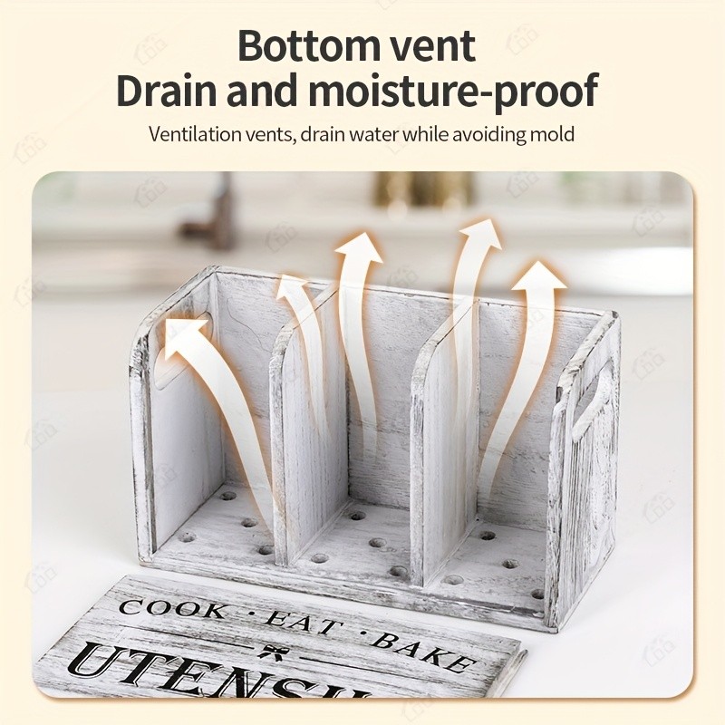 LDQ Rustic Wooden Utensil Holder  3-Compartment Countertop & Wall-Mounted Organizer for Forks, Spoons, Whisks & Kitchen Tools