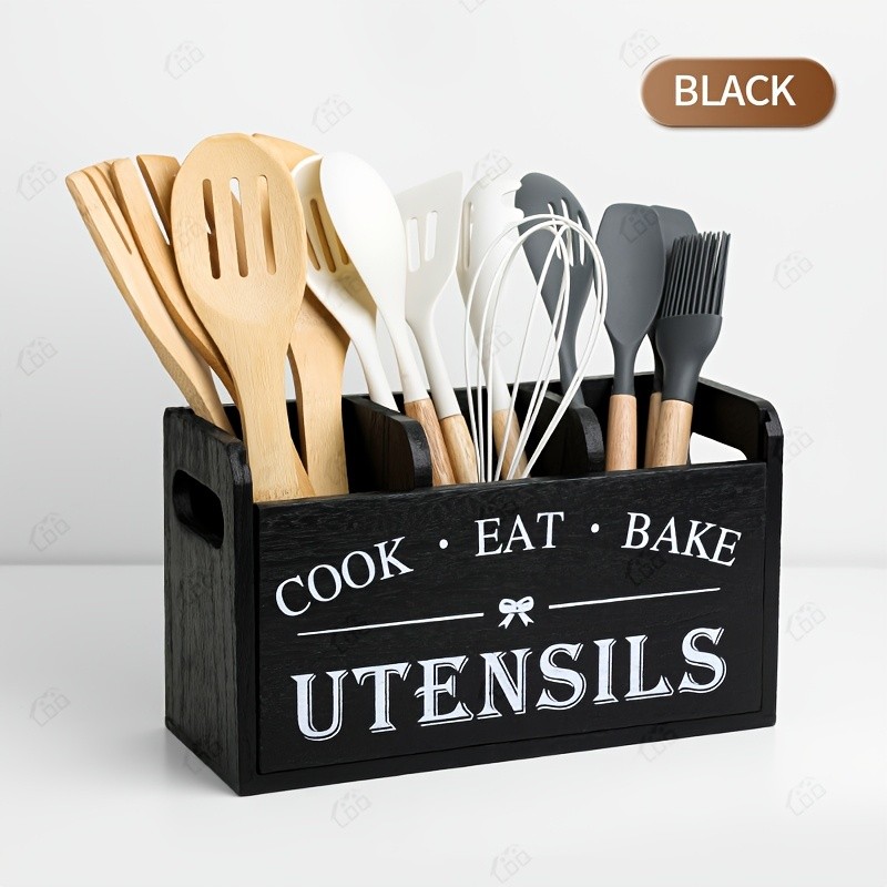 LDQ Rustic Wooden Utensil Holder  3-Compartment Countertop & Wall-Mounted Organizer for Forks, Spoons, Whisks & Kitchen Tools