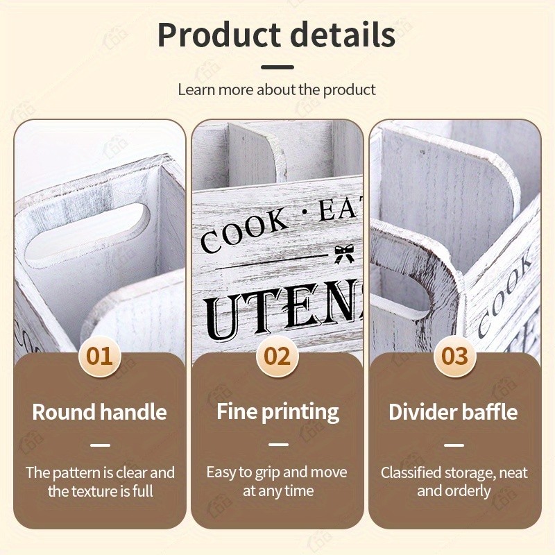 LDQ Rustic Wooden Utensil Holder  3-Compartment Countertop & Wall-Mounted Organizer for Forks, Spoons, Whisks & Kitchen Tools