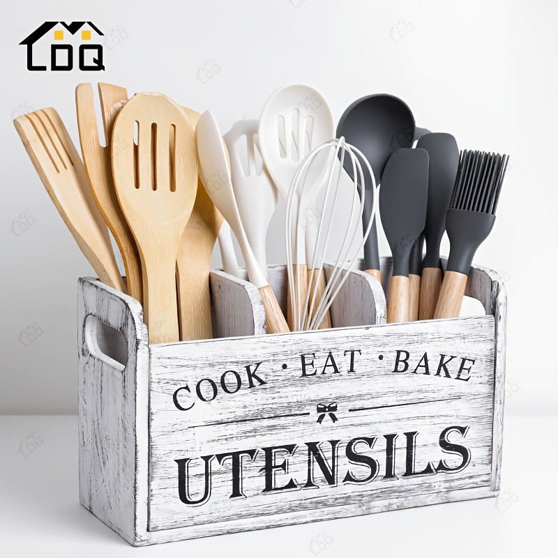 LDQ Rustic Wooden Utensil Holder  3-Compartment Countertop & Wall-Mounted Organizer for Forks, Spoons, Whisks & Kitchen Tools