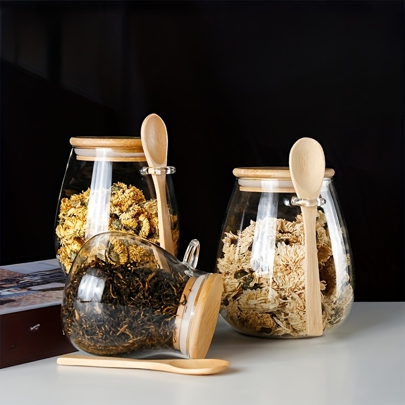 LDQ Airtight Glass Storage Jar with Spoon Premium Jar Set for Coffee, Sugar, Tea, Salt, Candy & Spices