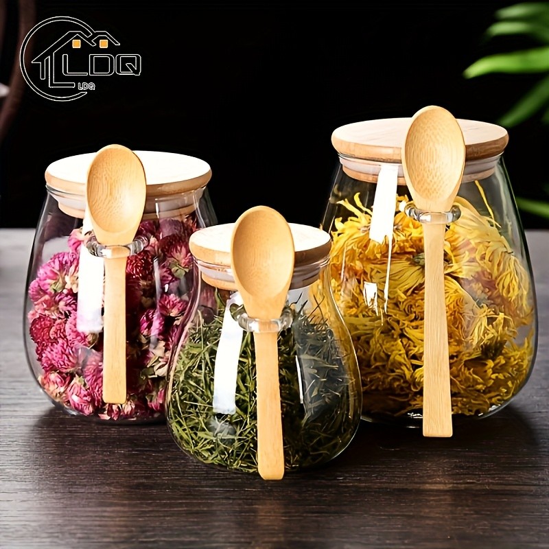 LDQ Airtight Glass Storage Jar with Spoon Premium Jar Set for Coffee, Sugar, Tea, Salt, Candy & Spices